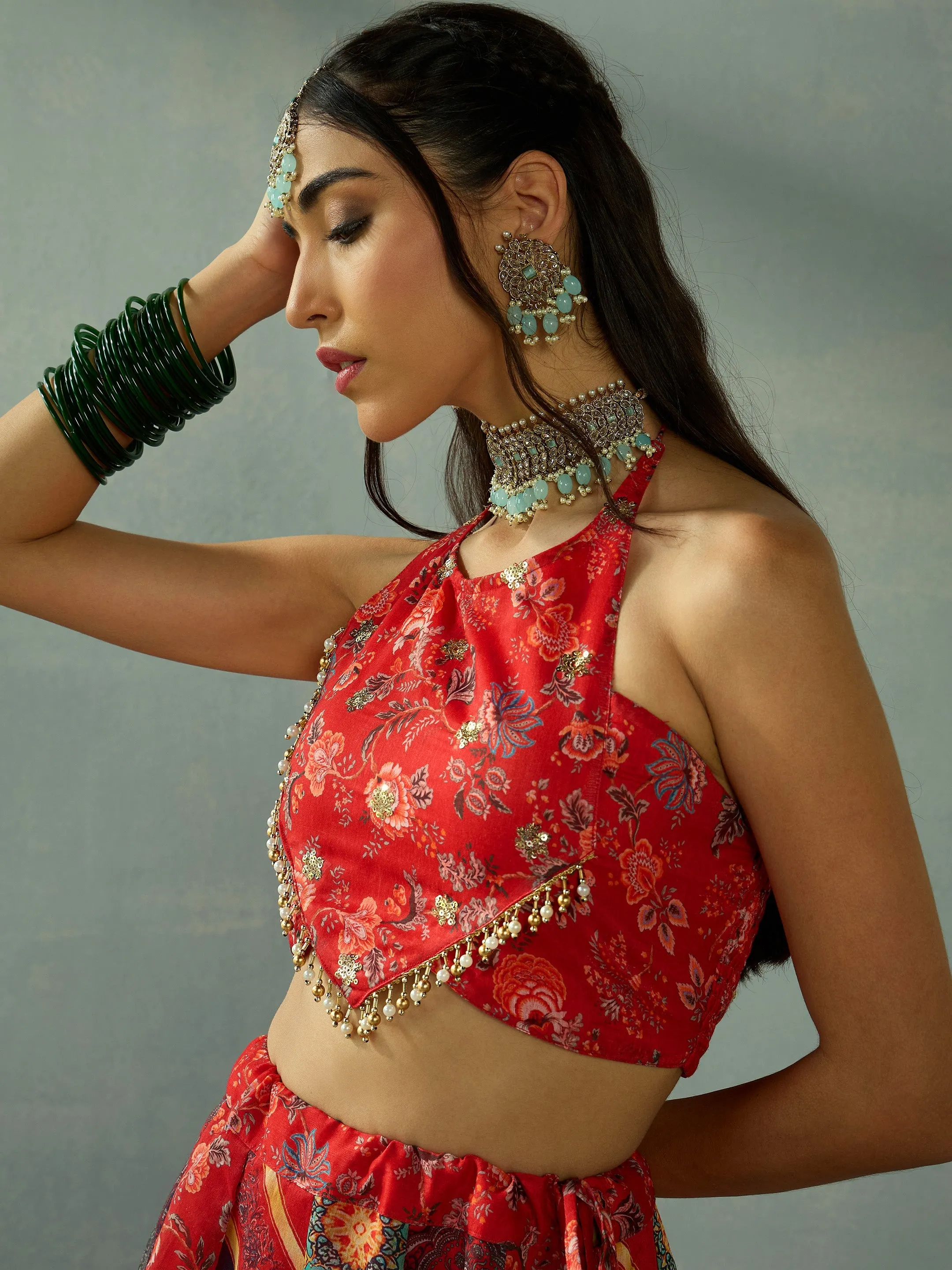 Women Red Halter Neck Crop Top With Anarkali Skirt