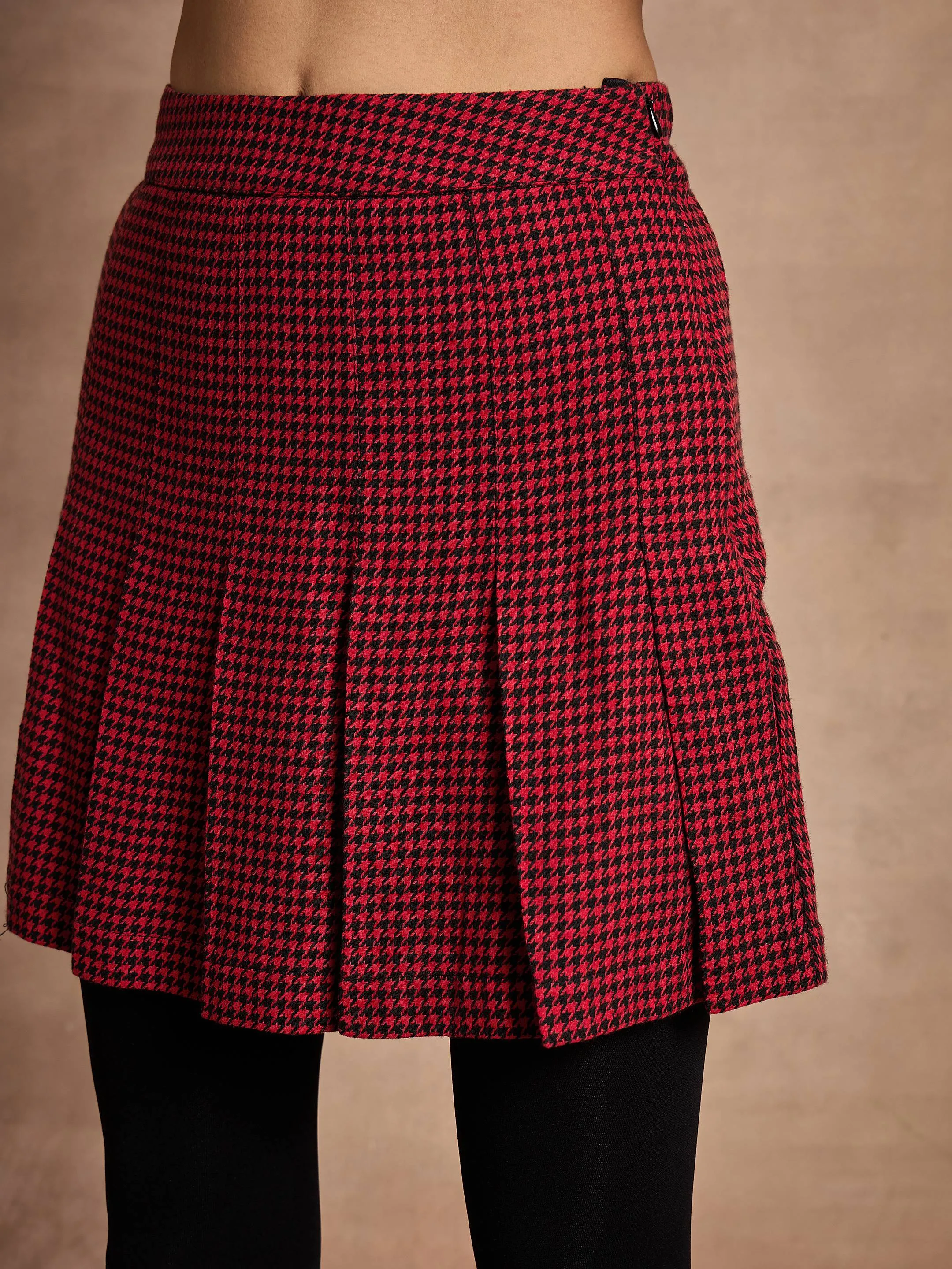 Women Red Houndstooth Check Pleated Mini Skirt