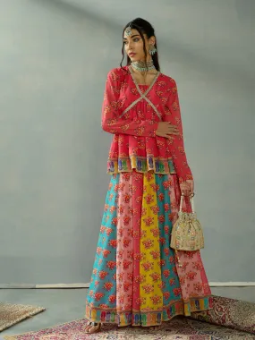 Women Red Multi Color Peplum Top With Anarkali Skirt