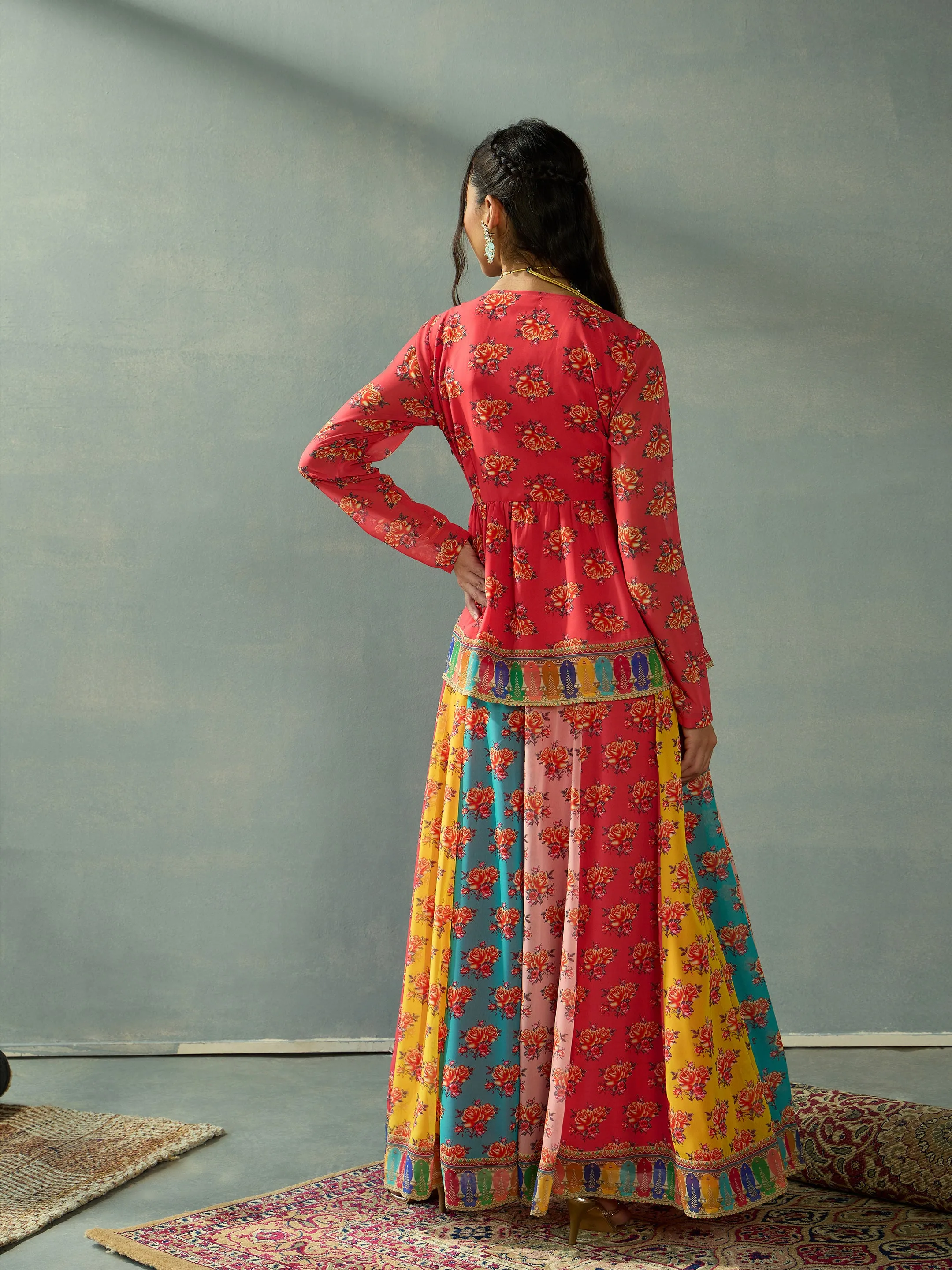 Women Red Multi Color Peplum Top With Anarkali Skirt