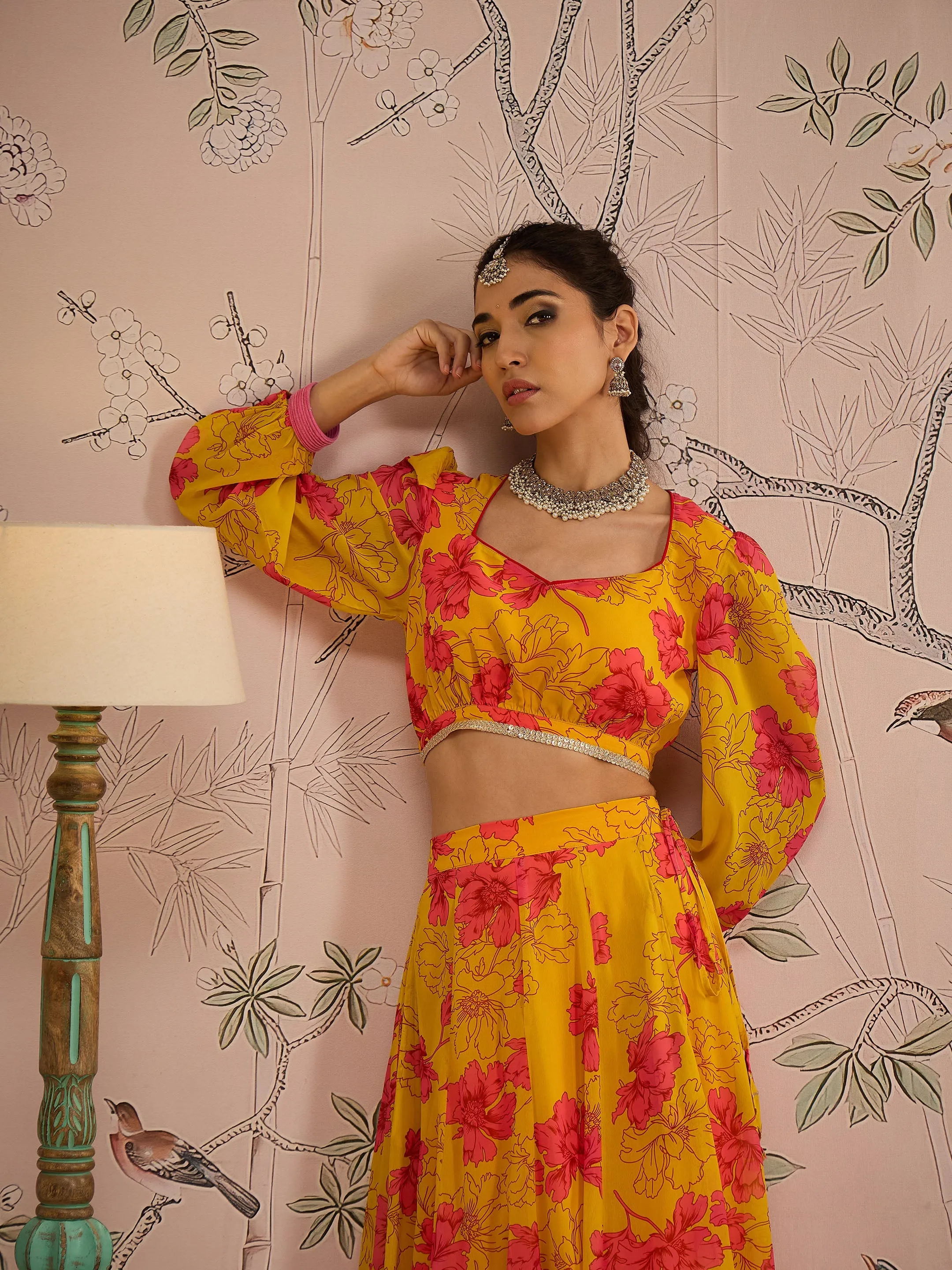 Women Yellow Floral Sweetheart Neck Crop Top With Anarkali Skirt