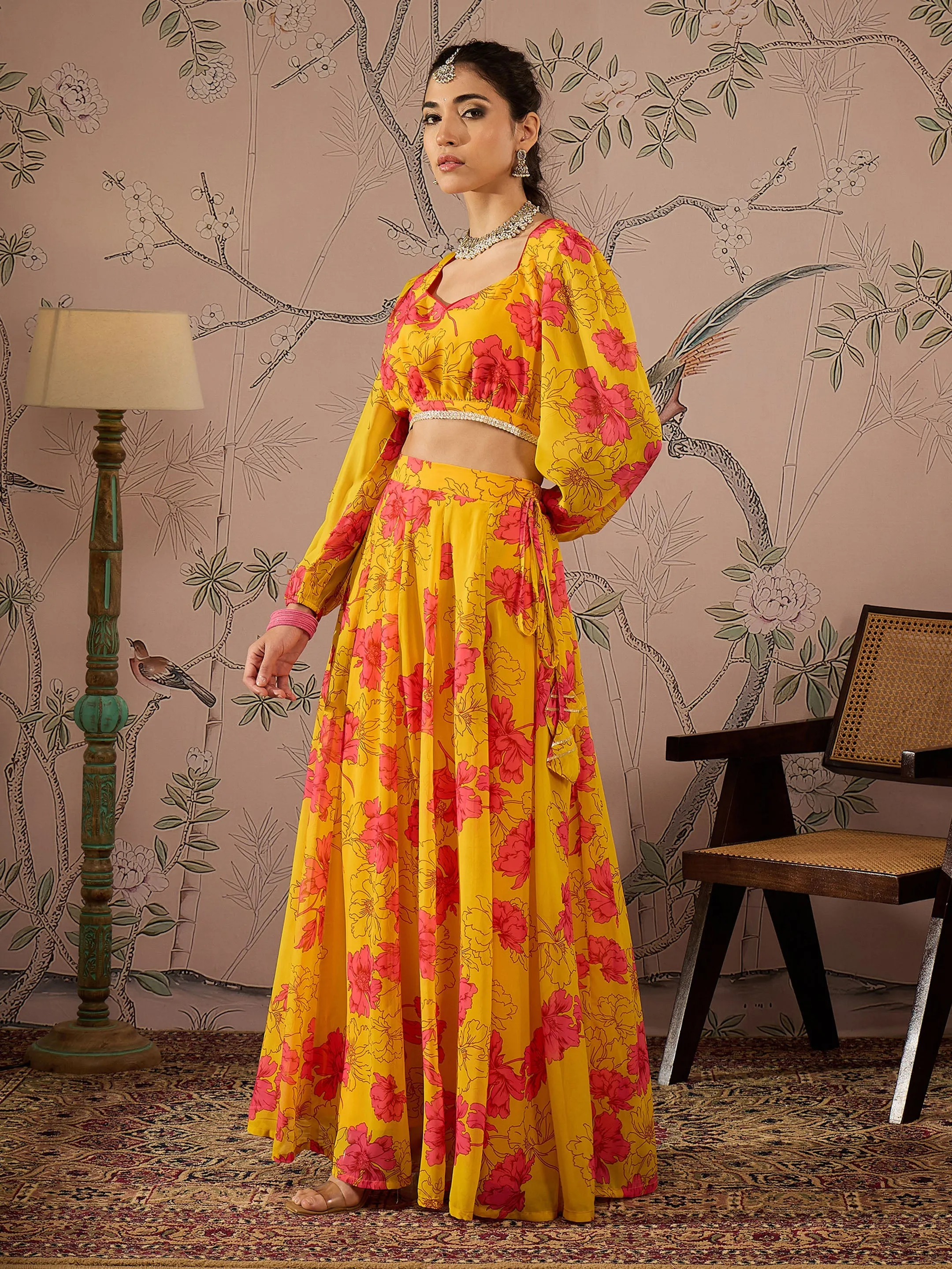 Women Yellow Floral Sweetheart Neck Crop Top With Anarkali Skirt