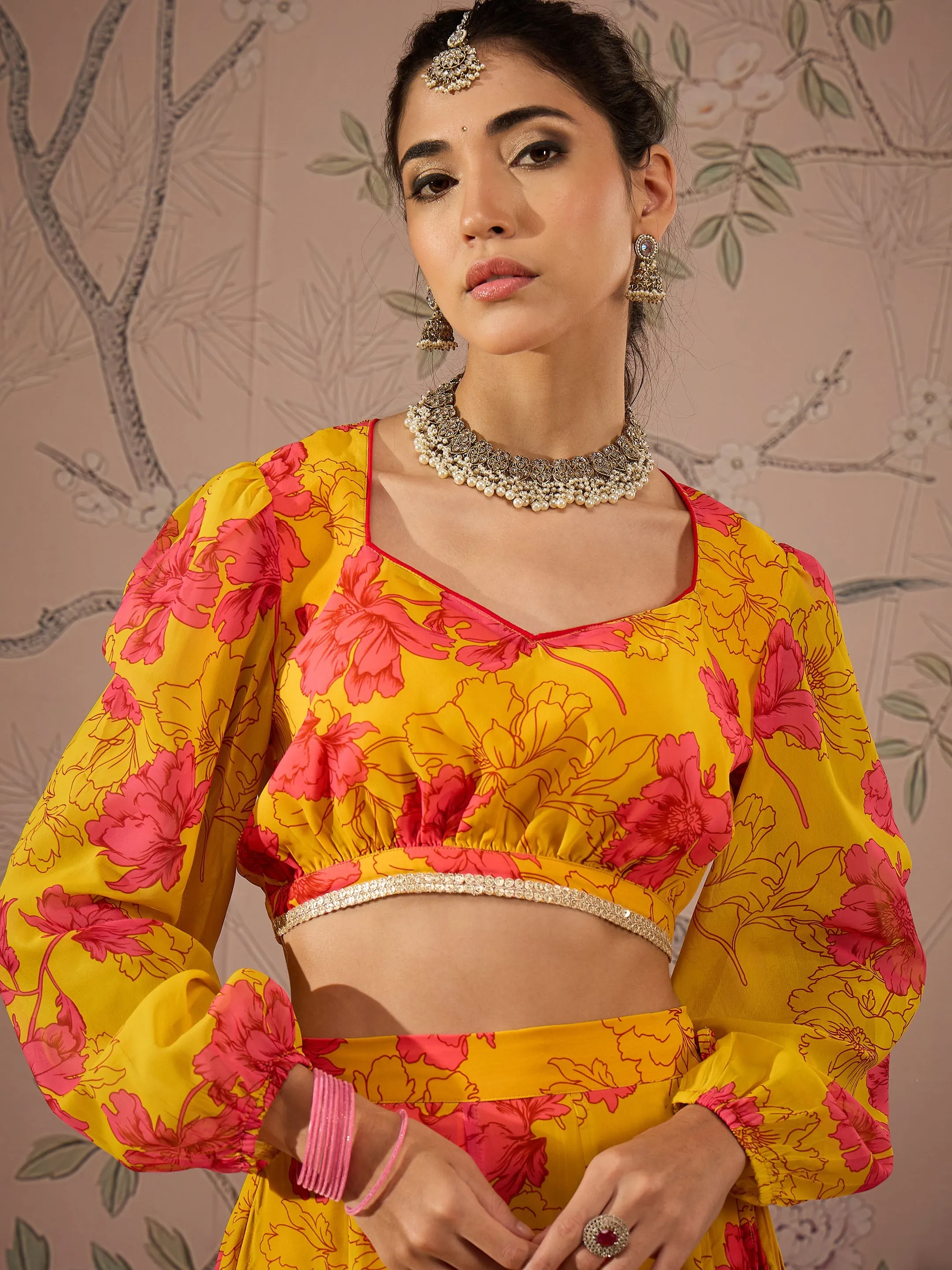 Women Yellow Floral Sweetheart Neck Crop Top With Anarkali Skirt