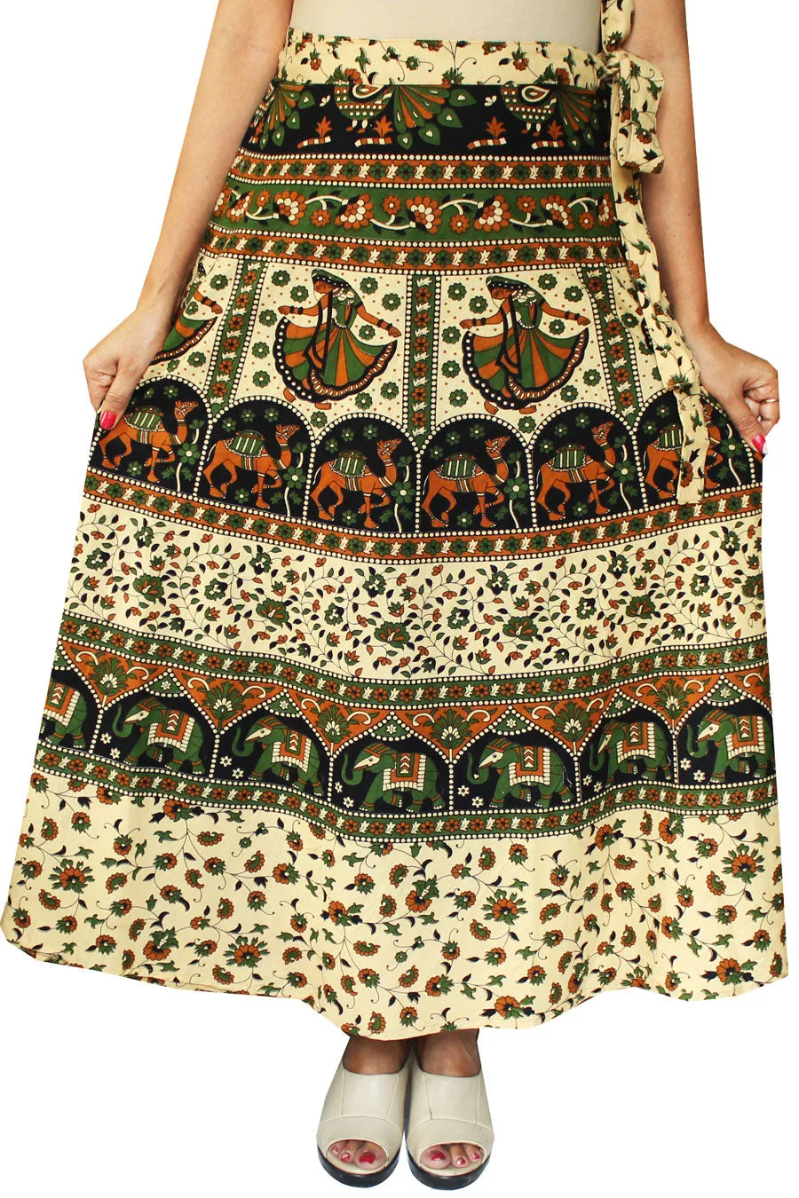 Women's Printed Long Indian Cotton Wrap Skirt (Green, One Size)