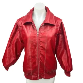 Women's Red Faux Vegan Leather Zip Up Collar Oversized Moto Jacket Coat Size S