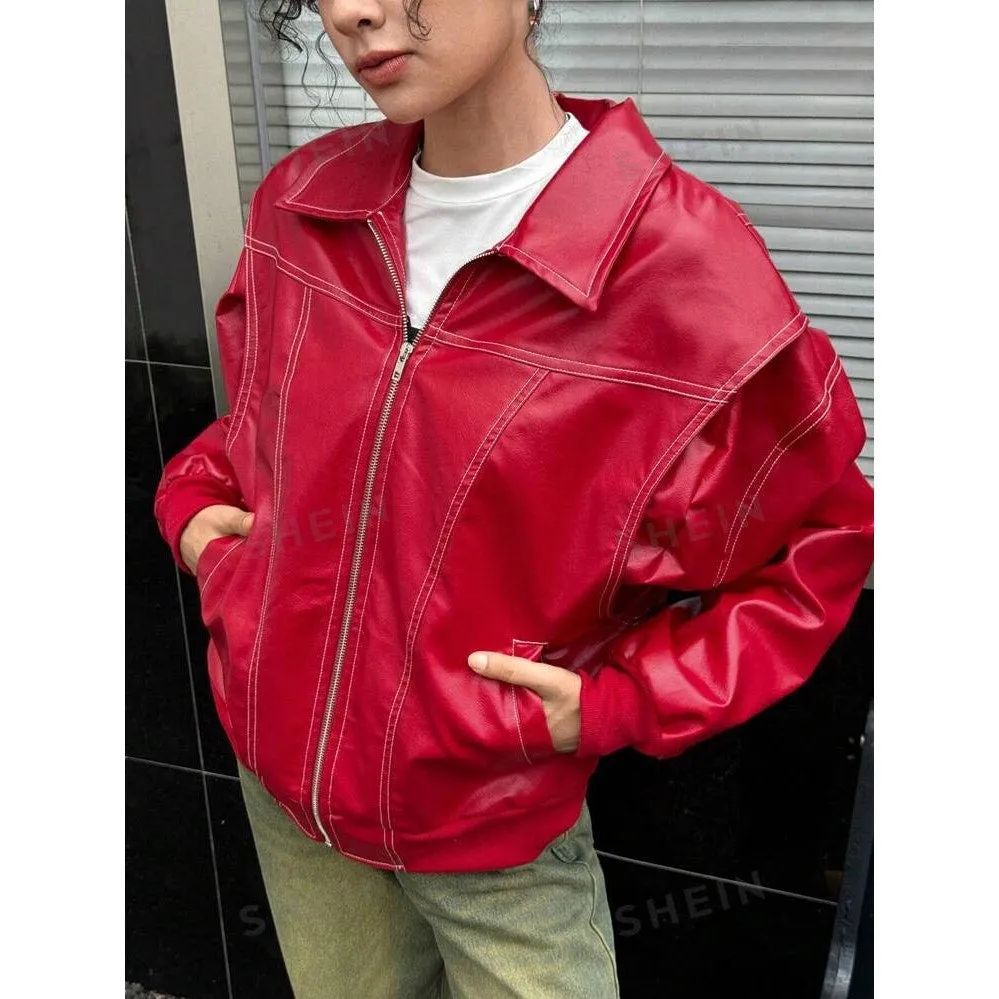 Women's Red Faux Vegan Leather Zip Up Collar Oversized Moto Jacket Coat Size S