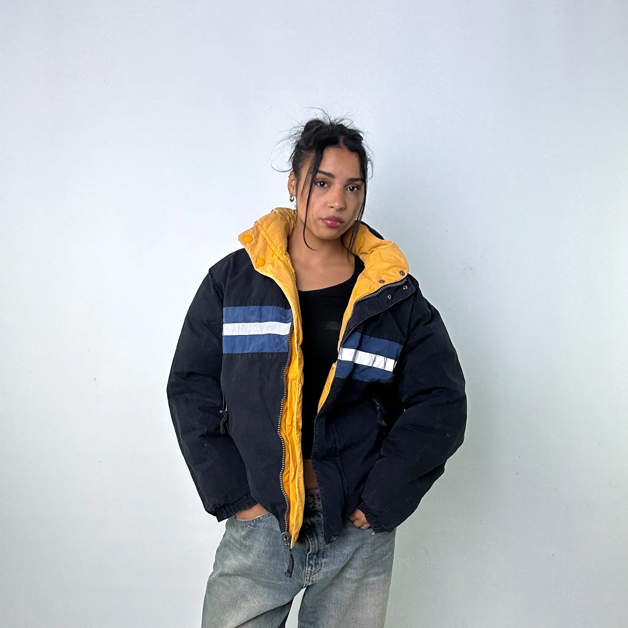 Yellow 90s Nautica / Navy Reversible Puffer Jacket Coat (M)