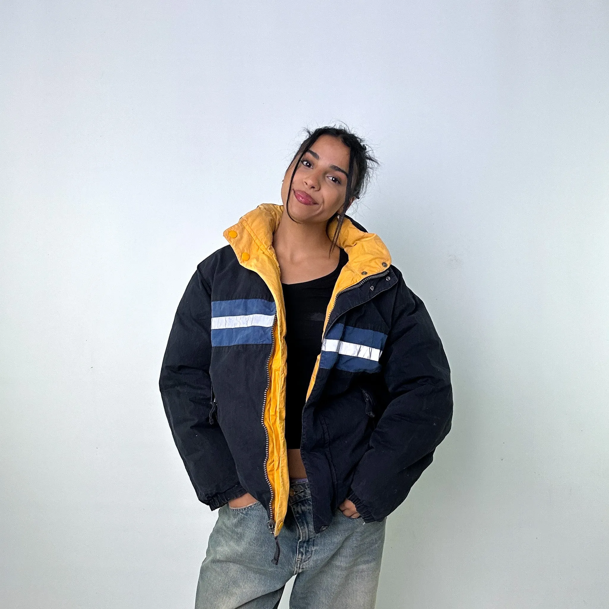 Yellow 90s Nautica / Navy Reversible Puffer Jacket Coat (M)