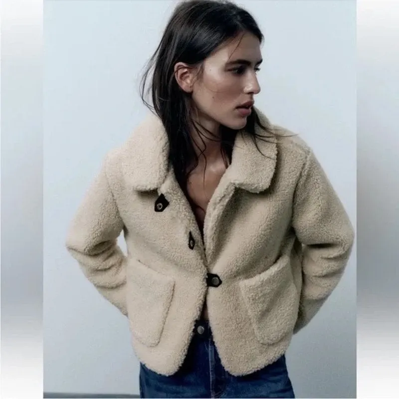 Zara Cream Beige Faux Shearling Sherpa Snap Button Collar Pockets Coat Jacket M